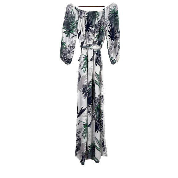 NEW Boho Tropical Palm Print Off Shoulder Maxi Dress 3/4 Sleeve TieWaist L White - Picture 6 of 15